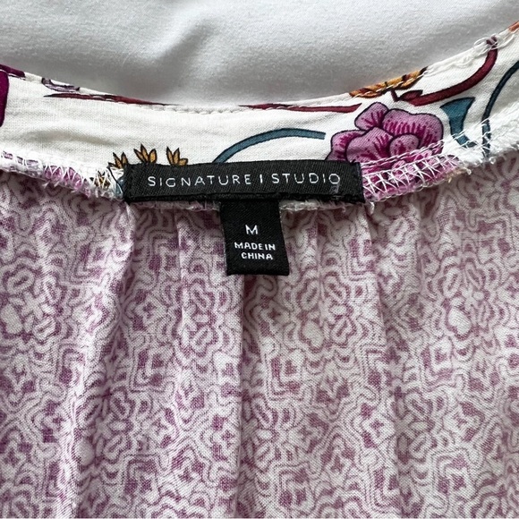 Signature Studio Boho Top Size Small Floral Print Lace Top Focal Point Tie Chest - Picture 3 of 8